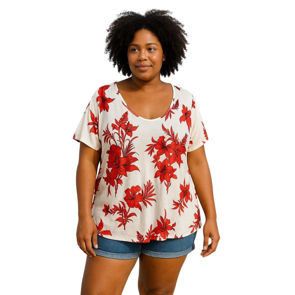 Lane Bryant Red and White tropical Short Sleeve knit Blouse top 22 24 plus size